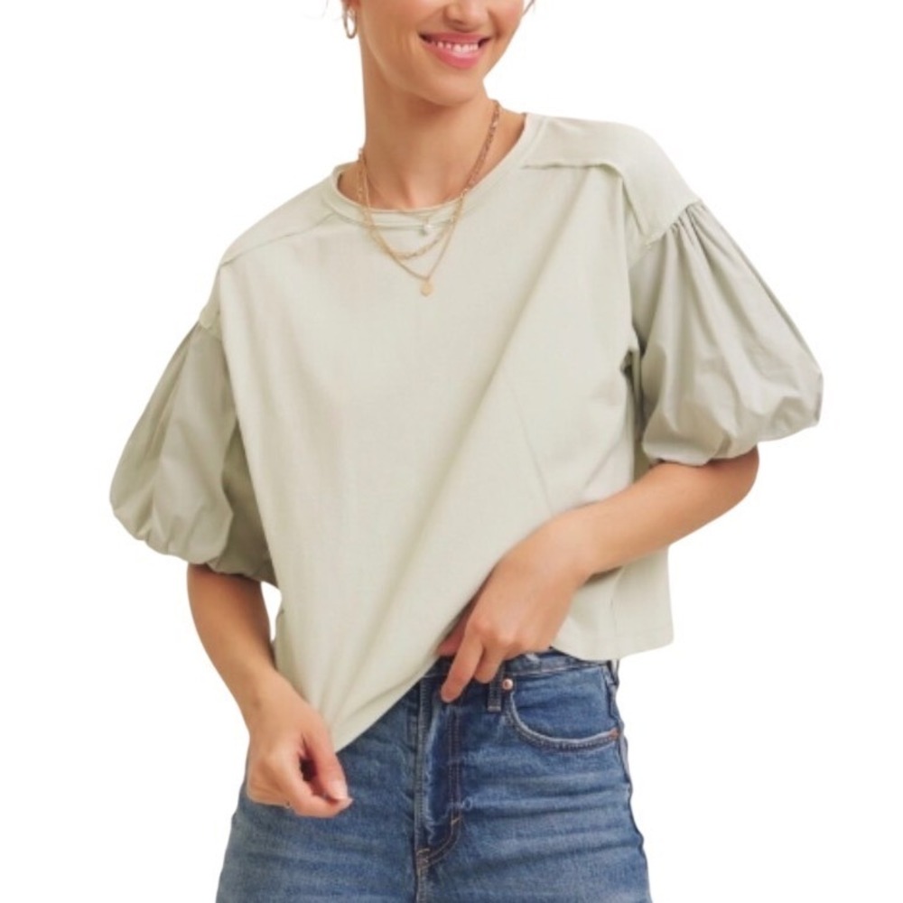 Cottagecore Puff Sleeve Cotton Top Green Minimalist Cottagecore soft girl Earthy